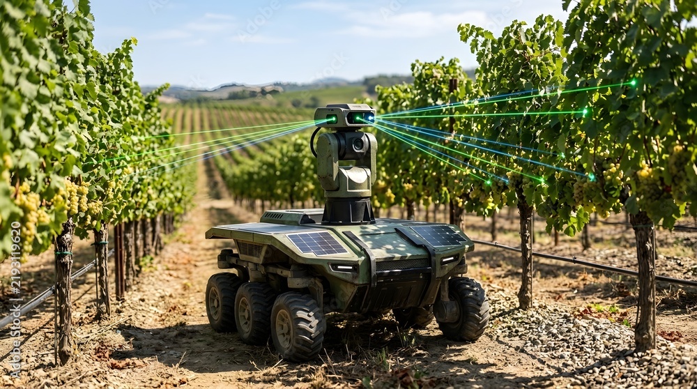 Fototapeta premium Robotic agricultural hine equipped with green and blue laser beams scans grapevine rows in an expansive sunlit vineyard on a bright day