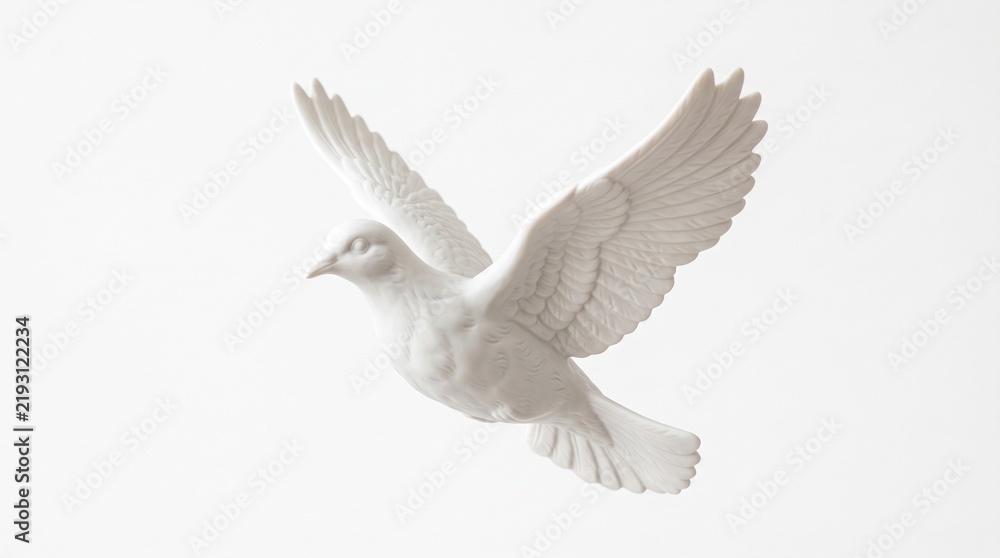 Obraz premium Elegant white porcelain dove sculpture in flight against a clean white background symbolizing peace and purity