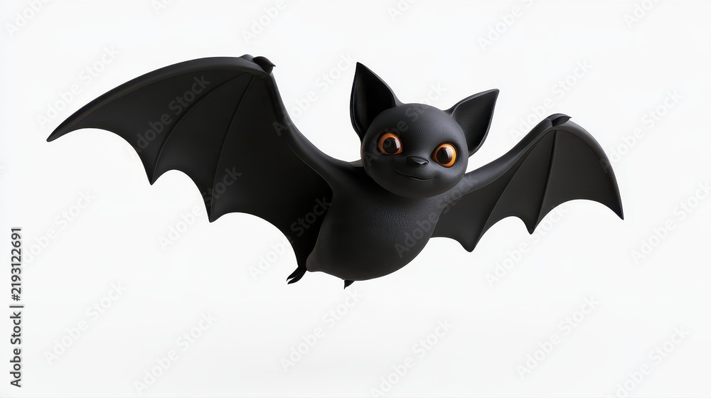 Fototapeta premium Flying bat, rounded wings and cute expression, isolated Halloween icon, 3D render illustration. 