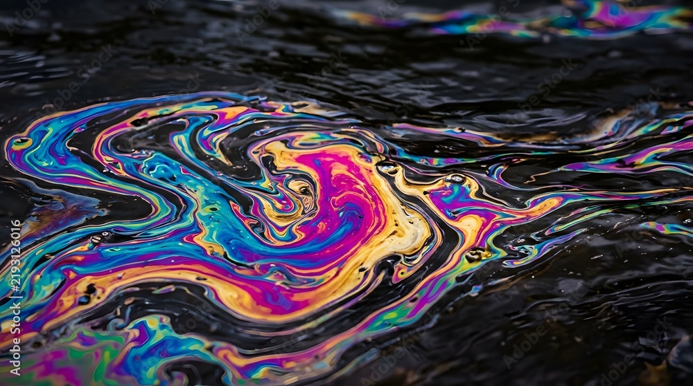 Obraz premium Iridescent oil spill patterns create vibrant swirling liquid colors with high contrast textures captured in a macro close up shot