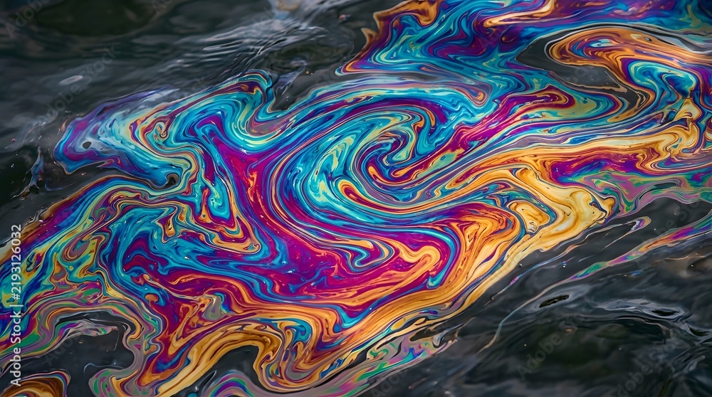 Obraz premium Iridescent oil spill creates vibrant swirling patterns of bright blue and golden yellow colors on dark water reflecting natural light