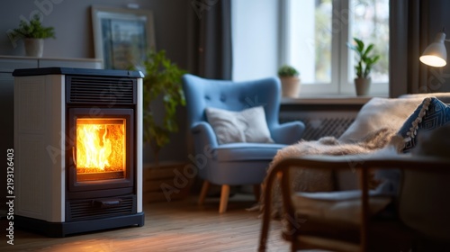 Indoor pellet stove heating a room
