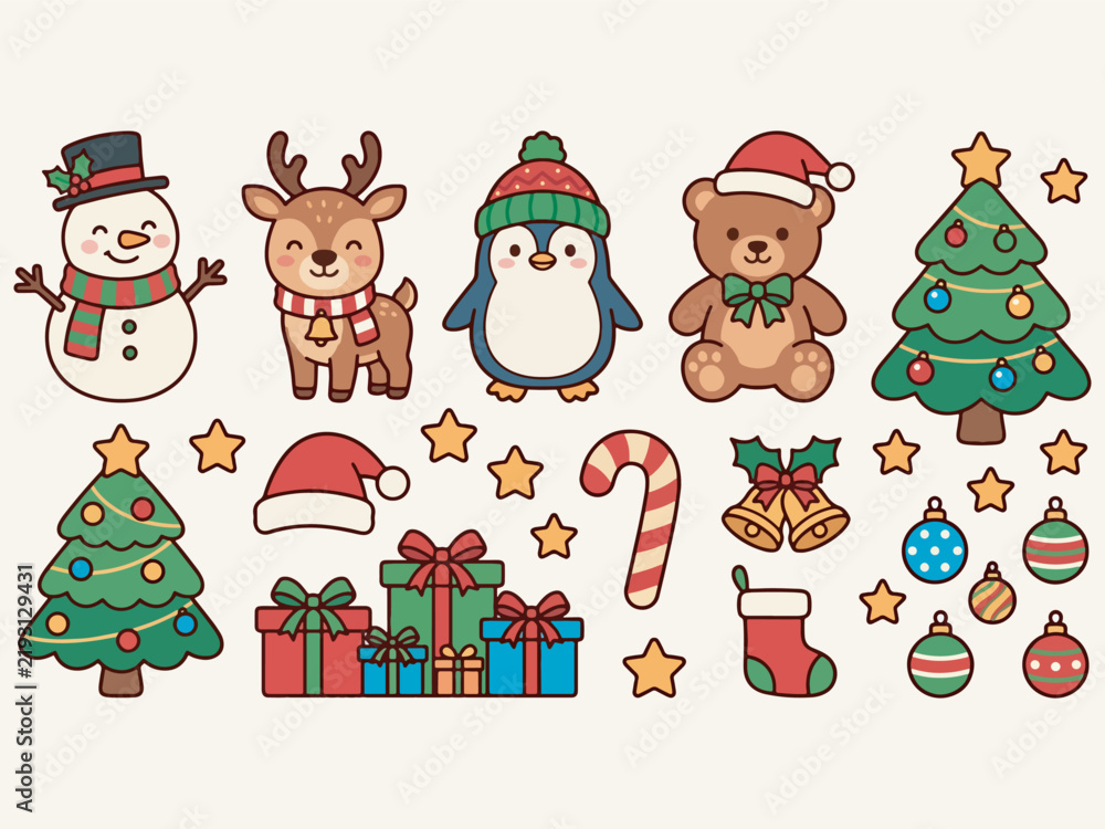 Fototapeta premium Cute cartoon Christmas characters and festive holiday decorations set on a light background, perfect for seasonal designs and greetings.