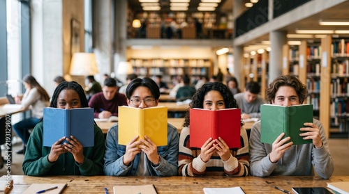 Four diverse university students smile behind colorful books while studying together in a modern library