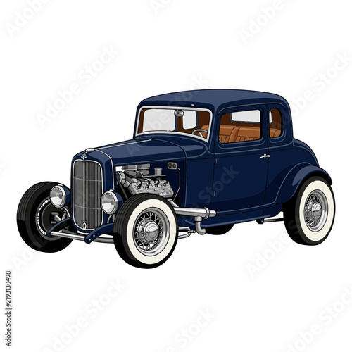 Classic Dark Blue Hot Rod Coupe with Exposed Engine on Transparent Background