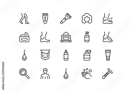 Set of line icons for skincare, hair removal, and beauty treatments, including creams, lotions, razors, and skin analysis tools