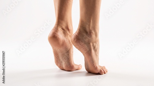 Close up of bare human feet standing on tiptoes with wrinkled skin on a white background