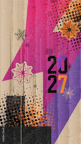 Vintage New Year 2027 newspaper collage with snowflakes, halftone and tactile paper grain. Retro grunge holiday vertical motion design. Seamless loop. Video animation Ultra HD 4K 2160x3840