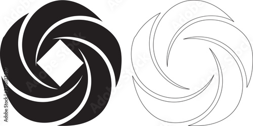 Abstract circular logo symbol with solid black shape and thin outline version for graphic design use