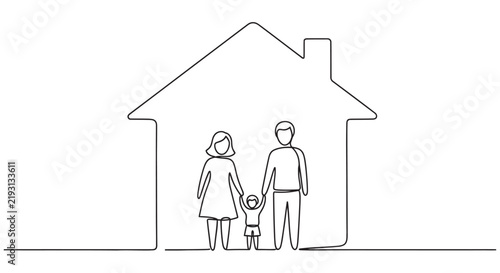 Family silhouette inside house outline continuous line drawing on white background