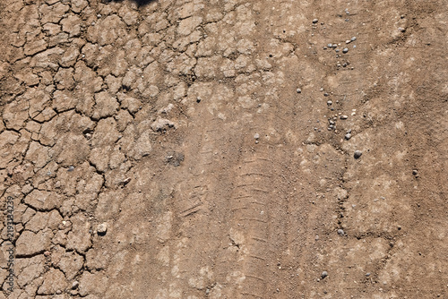 Foto Cracked dry earth texture of a dusty rural road with tire track imprints under bright sunlight