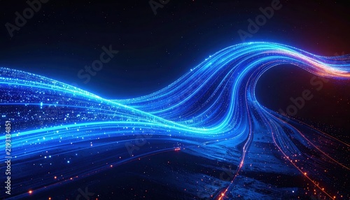 Abstract glowing blue data stream flowing through dark digital space with sparkling particles and light trails, ideal for futuristic big data analytics and network technology background