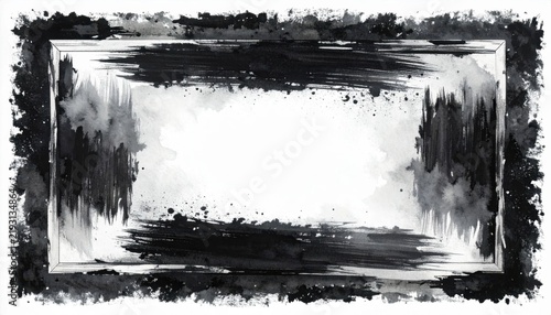 Abstract distress background layout featuring a black and white rough brush stroke border frame. Hand drawn layered paint edge element designed for creative banner decoration clip art.