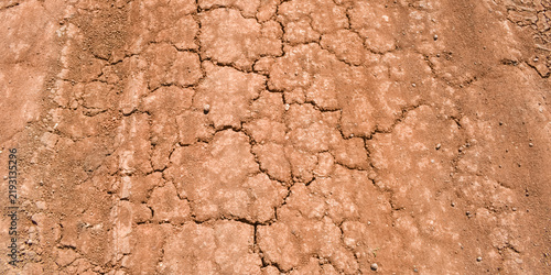 Obraz na płótnie Detailed close-up shot showing the texture of parched, dry red earth on a rural track