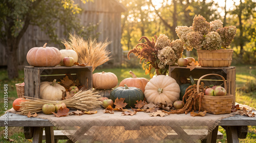 Autumn harvest display featuring assorted pumpkins, dried flowers, and wooden crates arranged tastefully on a rustic outdoor table during sunset.