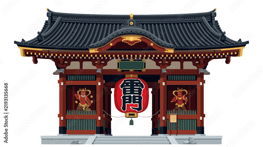 Obraz premium Japanese temple gate with red lantern and guardians, isolated