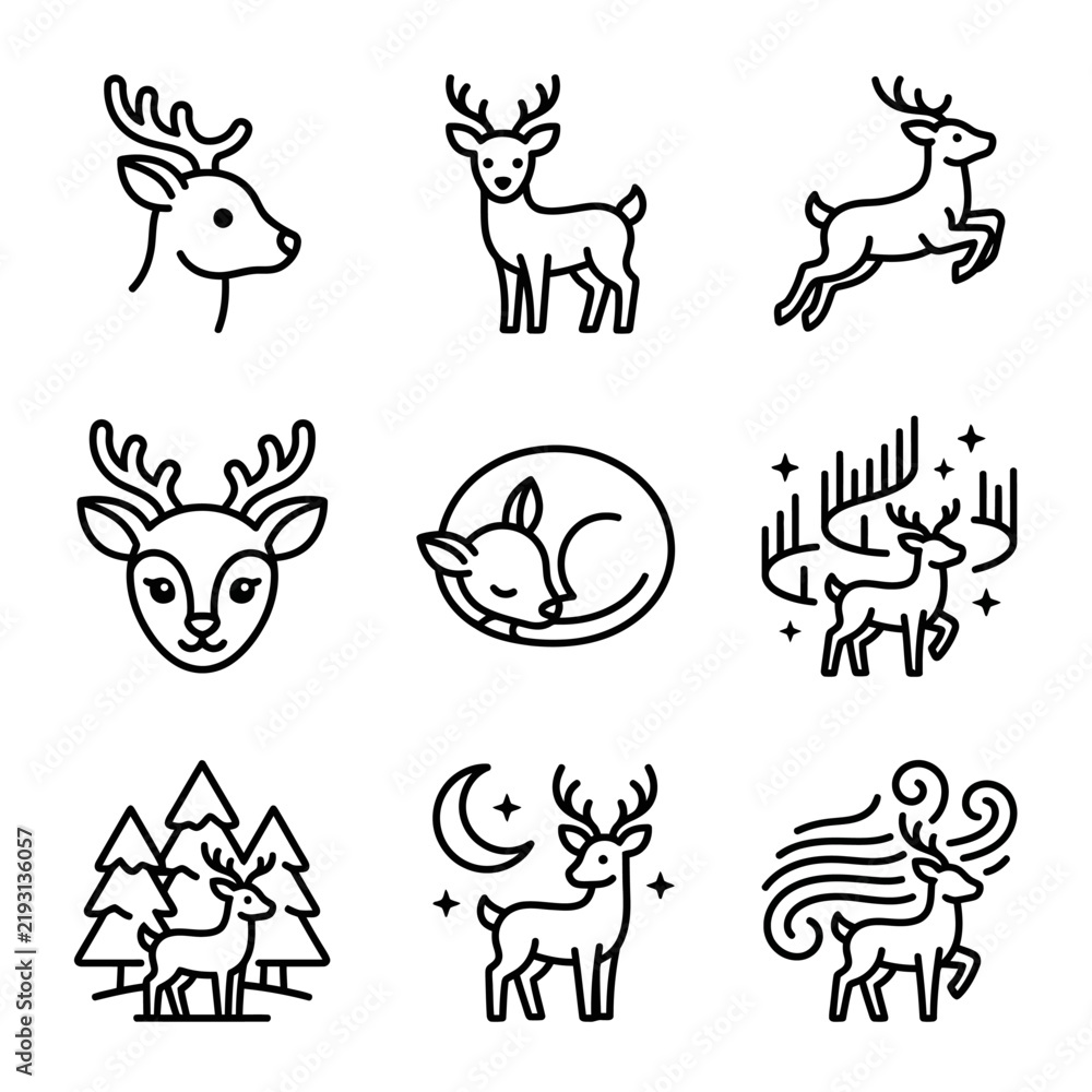 Obraz premium Cute Deer Icon Set, Outline Illustrations of Wildlife and Nature