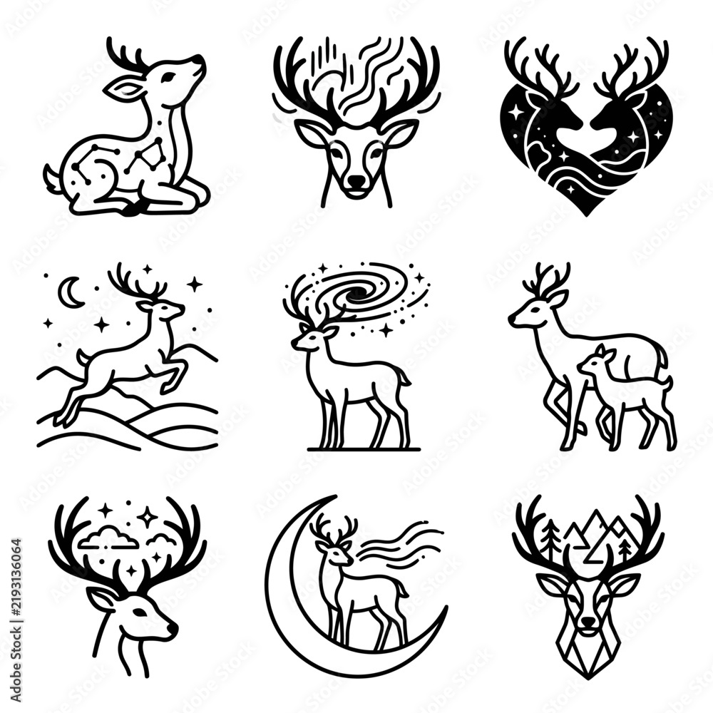 Obraz premium Celestial Deer Illustrations: Cosmic, Geometric, and Nature-Inspired Designs