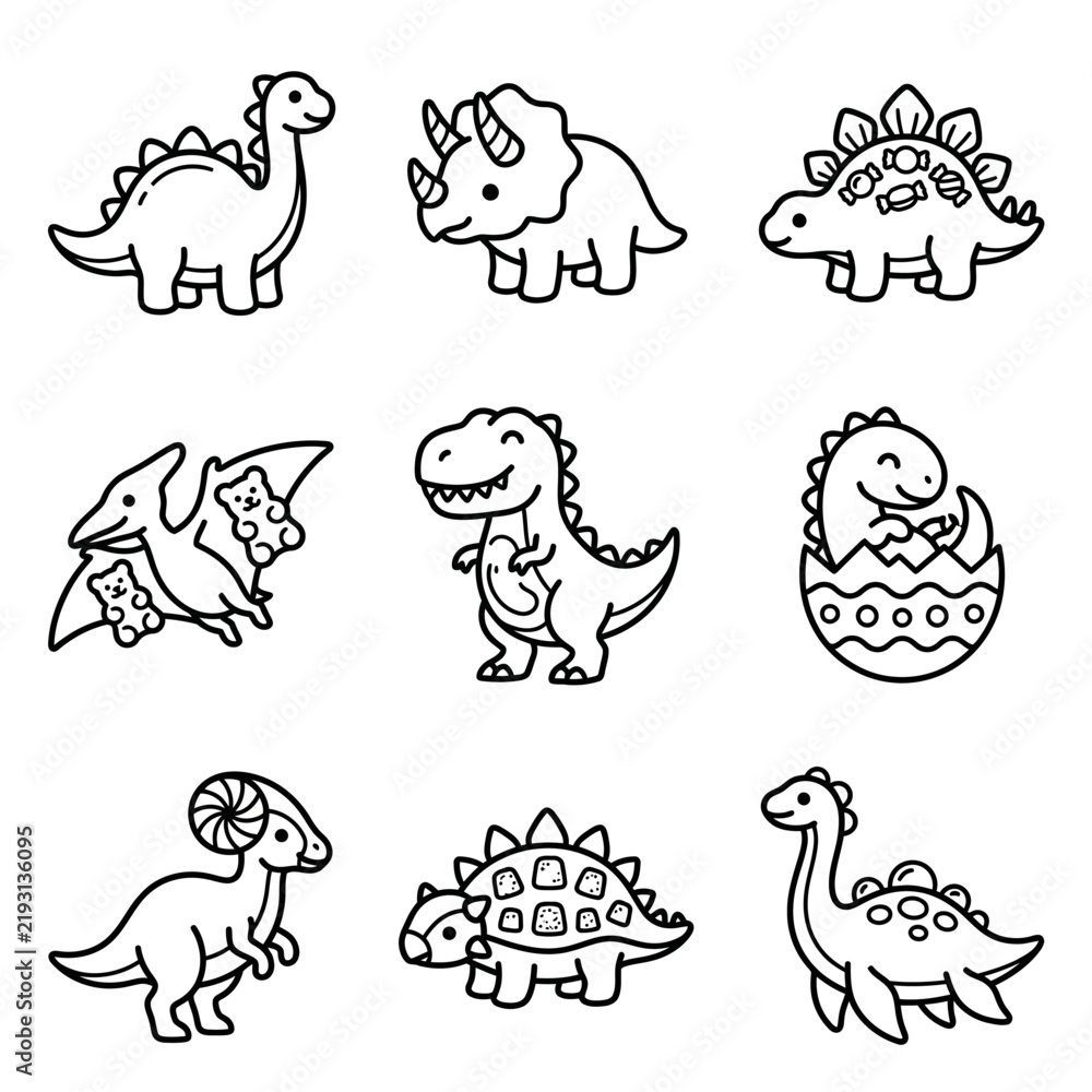 Obraz premium Cute Dinosaur Collection: Kawaii Cartoon Style Outline Illustrations