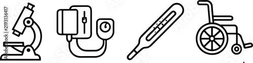 Medical Equipment Icon Set featuring microscope, blood pressure monitor, thermometer, and wheelchair symbols for healthcare and clinical design.