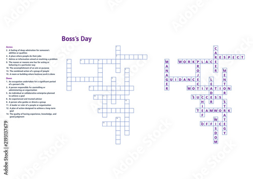 Boss's Day crossword puzzle worksheet with clues grid and answer key isolated on white background