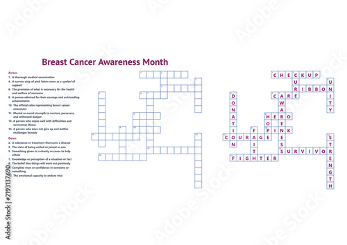 Breast Cancer Awareness Month crossword puzzle worksheet with clues grid and answer key isolated on white background