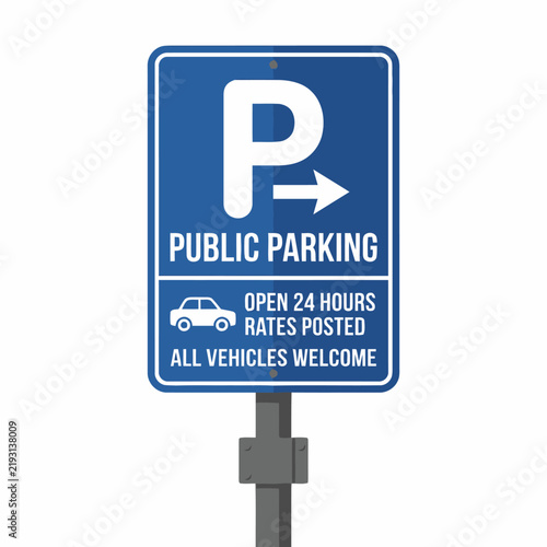 Public Parking Sign with Arrow and Car Icon, Open 24 Hours