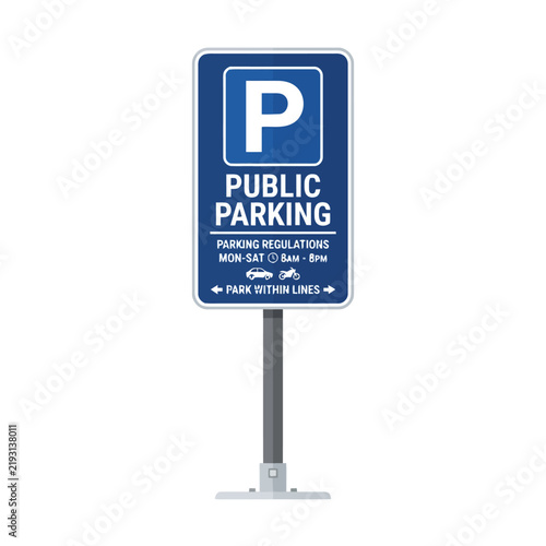 Public Parking Sign with Regulations on White Background
