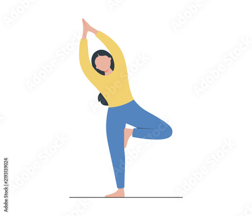 Woman Practicing Yoga Tree Pose for Balance and Wellness, Flat Vector Illustration