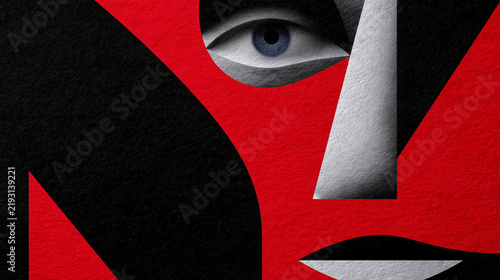 Abstract design featuring a face with geometric shapes in red and black  