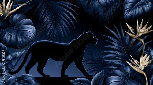 Black panther silhouette walking among lush tropical leaves  