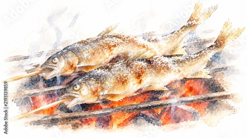 Obraz na płótnie 香ばしい湯気が立ち上る炭火でじっくりと焼かれる串刺しの鮎の塩焼きイラスト
