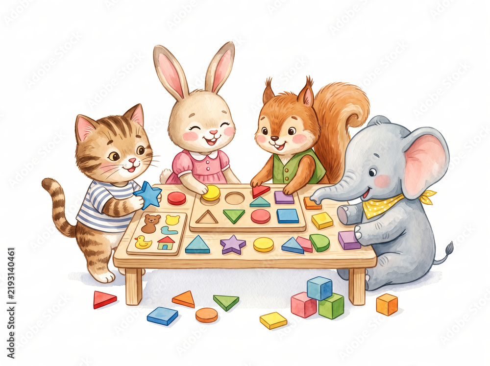 Fototapeta premium Cute Animals Solving Puzzles Together for Children's Learning. children educational puzzles with colorful shapes and blocks, teamwork, preschool learning, children's activities.