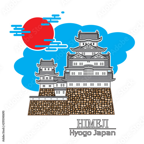 Line art Illustration vector symbols of Japan with group of Japan style castle Himeji Castle famous known as white Egret or white heron castle background with red sun and blue cloud drawing in colorfu