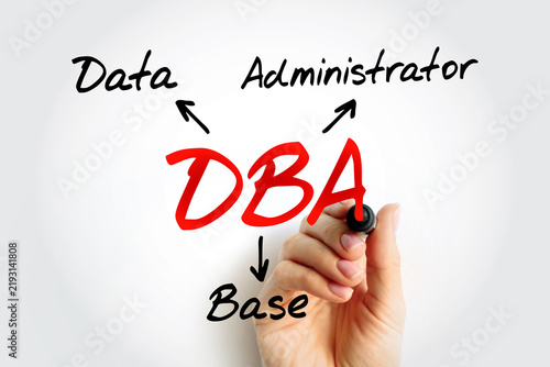 DBA Database Administrator - information technician responsible for directing or performing all activities related to maintaining performance and security of a database, acronym text