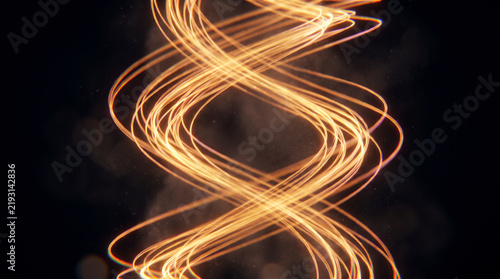 Twisting golden light strands spiraling upward in a luminous double helix formation