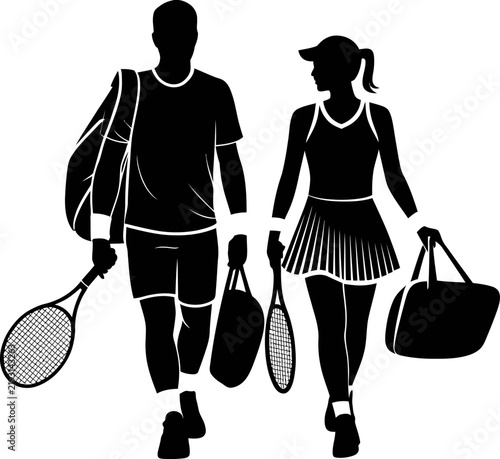 Silhouette of male and female tennis players walking with rackets and sports gear bags, active couple vector icon illustration design,