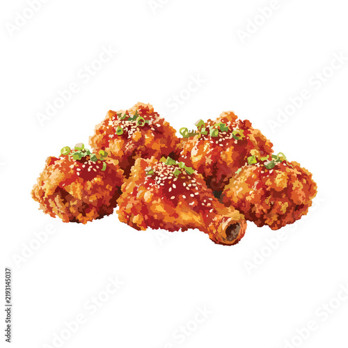 Fried chicken with red sauce and sesame seeds isolated