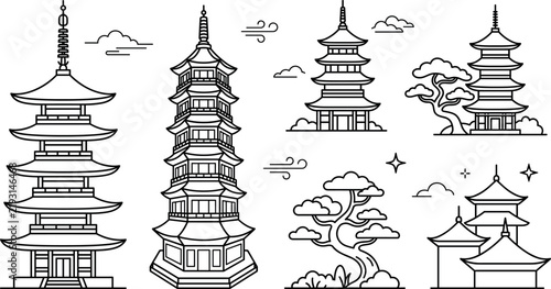 Japanese pagoda line art icon set featuring traditional Asian temple towers bonsai trees clouds and oriental architectural elements