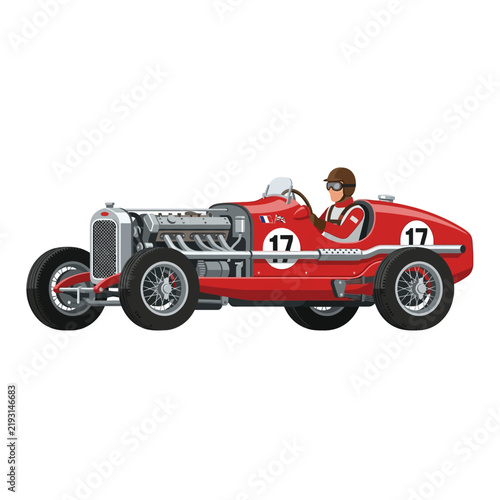 Vintage Red Race Car with Driver, Classic Speed Vehicle, Motorsport