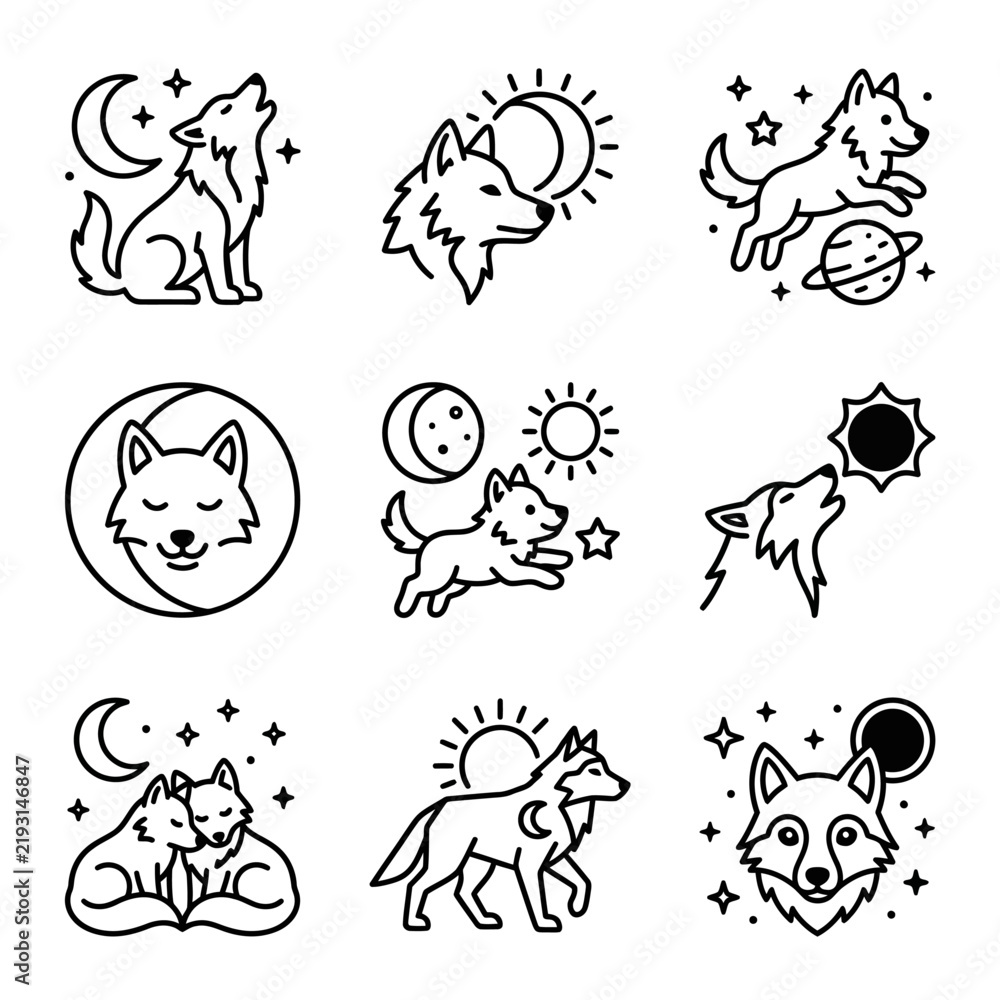 Obraz premium Cute Wolf Illustrations Set: Night Sky, Moon, Sun, Stars & Space Elements