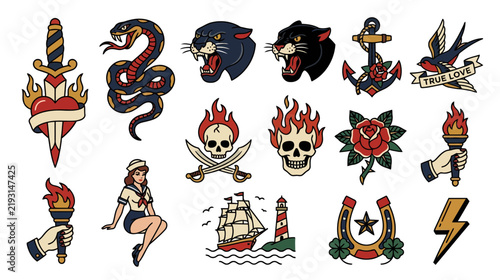 Vintage Tattoo Flash Sheet: Dagger, Snake, Panther, Anchor, Swallow, Skull, Rose, Torch, Sailor, Ship, Horseshoe