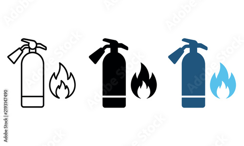 Fire extinguisher and flame icon set