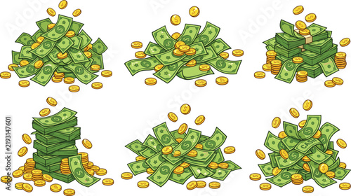 Принти на полотні Cartoon money piles and gold coins stacks vector illustration, green cash bankno