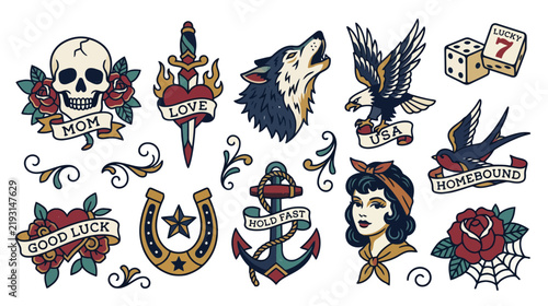 Vintage Tattoo Flash Sheet: Skull, Wolf, Eagle, Anchor, Roses, Dice, Horseshoe