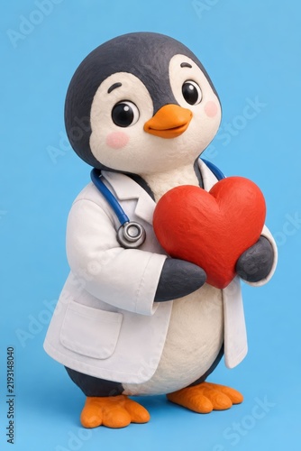 Friendly penguin doctor holding a red heart on blue background, cute healthcare illustration for pediatric medicine, wellness and compassionate care