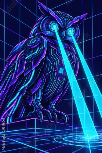Futuristic cybernetic owl with neon circuitry and light beams, artificial intelligence concept illustration for digital technology and innovation