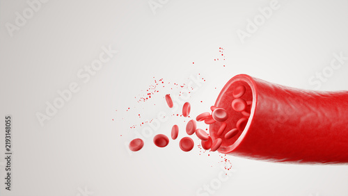 Obraz na plátne Red blood cells splashing out of open artery on white background 3d rendering