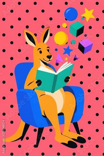 Playful kangaroo reading a colorful book in a bright blue chair, surrounded by geometric shapes and stars, vibrant educational scene for children