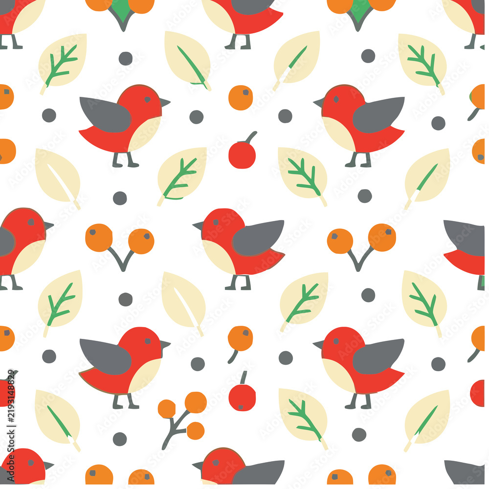 Fototapeta premium Seamless pattern with red birds and leaves